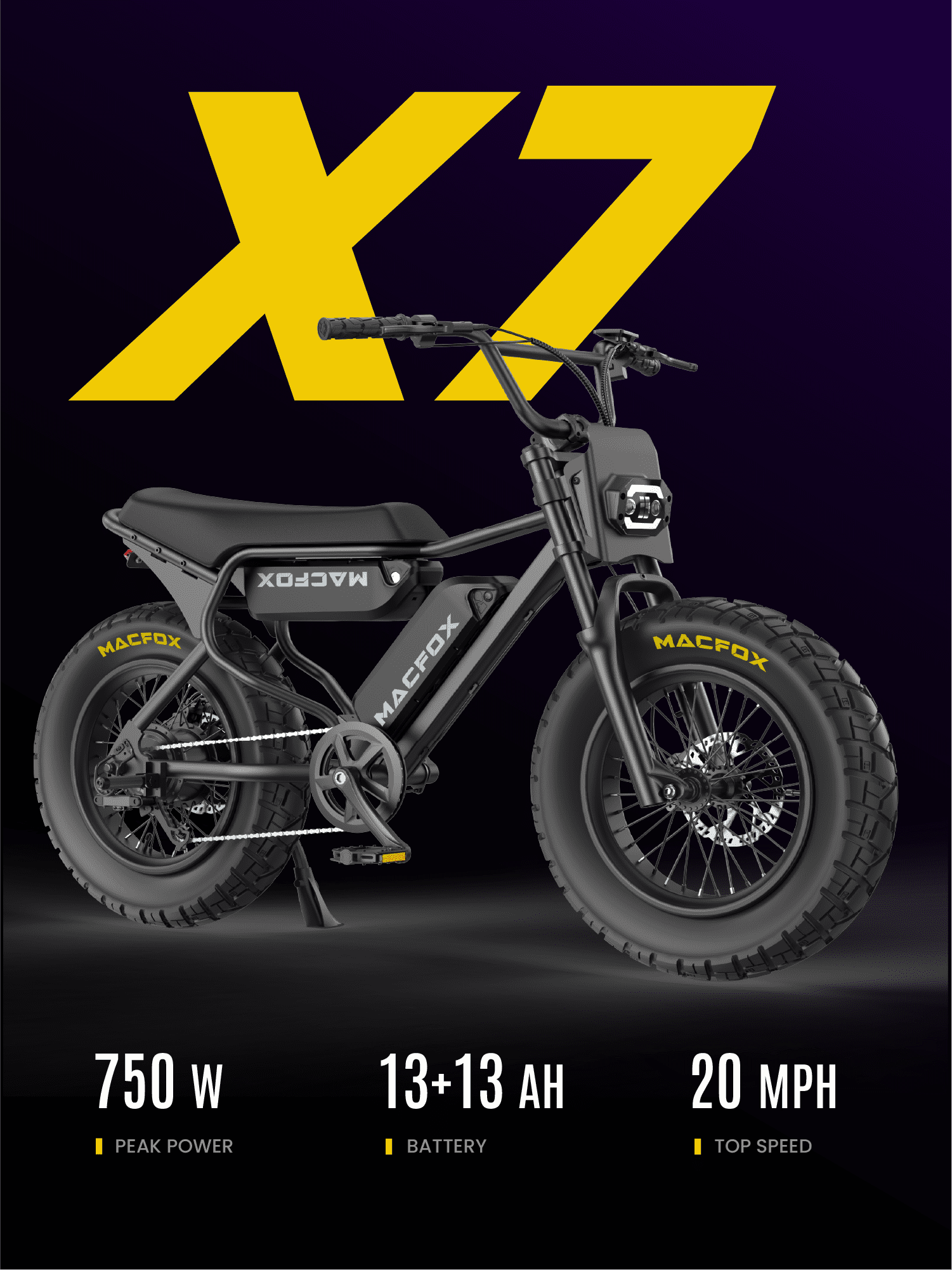 MACFOX X7 Ebikes for Adults, 750W Electric Bike, 20 MPH, 2pcs 48V 13Ah removable battery, 70-mile range, hydraulic brakes, upgraded 20x5.0 wide rear tire.