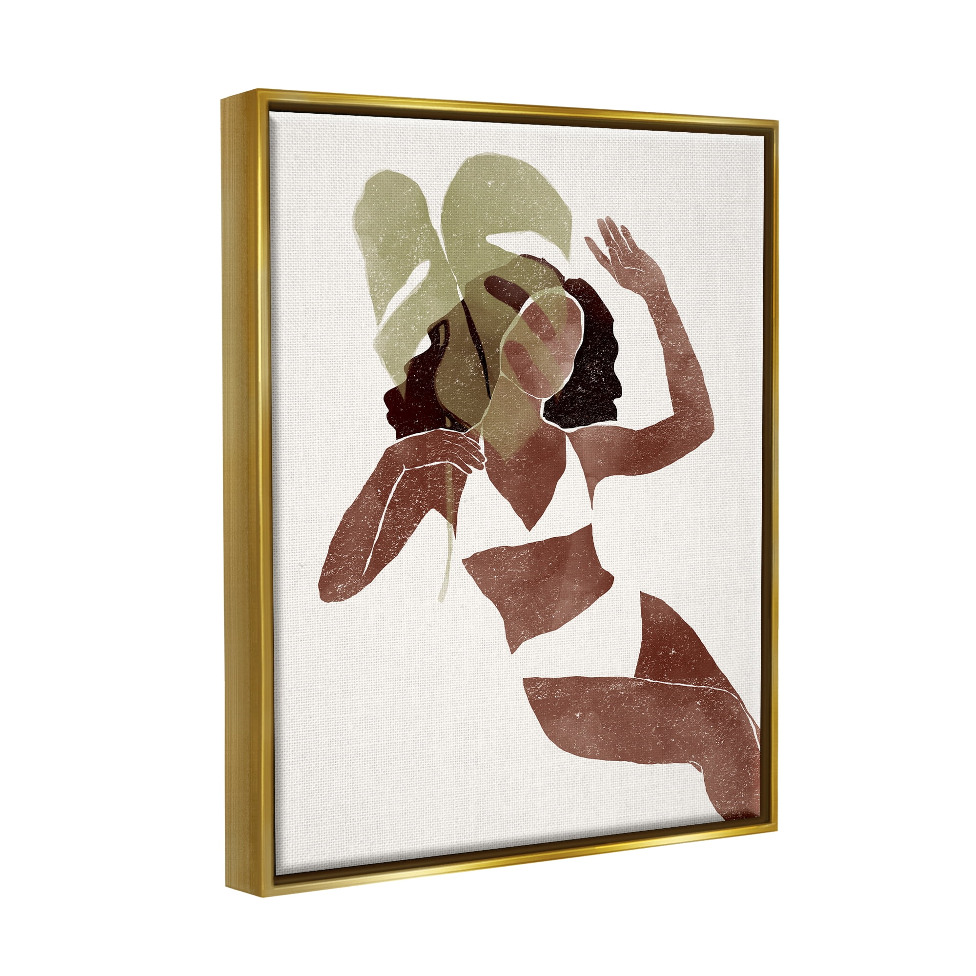 Stupell Monstera Leaf Girl Earth Tones Botanical & Floral Painting Gold Floater Framed Art Print Wall Art