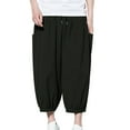 thumbnail image 2 of Fengqque Men's Linen Harem Pants Drawstring Casual Cropped Trousers Lightweight Loose Beach Yoga Capri Pants with Pockets Black L(L), 2 of 4