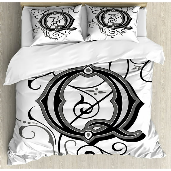Letter Q King Size Duvet Cover Set, Flowers Flourishing Gothic Q Words Writing Artistic Style Aged Typography, Decorative 3 Piece Bedding Set with 2 Pillow Shams, Black Grey White, by Ambesonne