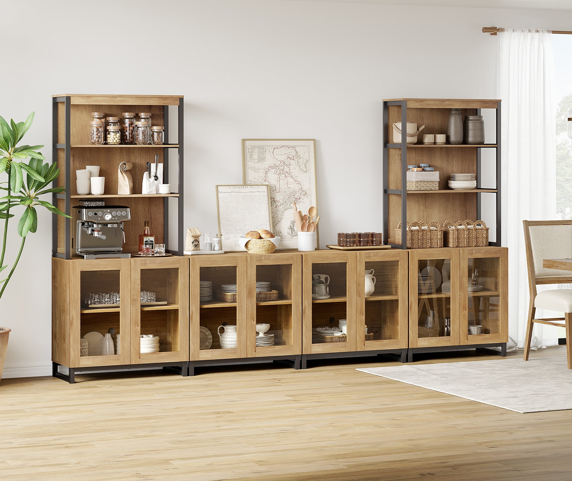 WAMPAT Modern TV Stand with 3 Tiers Bookshelf, Farmhouse Entertainment Center with 4 Large Storage Cabinets and Adjustable Shelf, Wooden Media TV Console with Glass Doors for Living Room, Oak