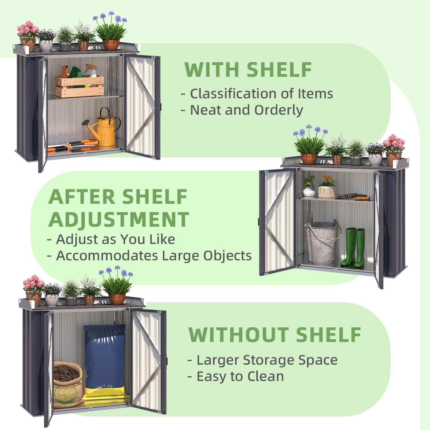YODOLLA Metal Outdoor Storage Cabinets Potting Bench Patio Garden Work Table with Adjustable Shelves in Gray