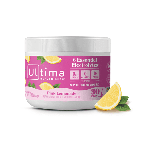 Ultima Replenisher Hydration Electrolyte Powder Drink Mix, Sugar-Free Pink Lemonade, 30 Servings