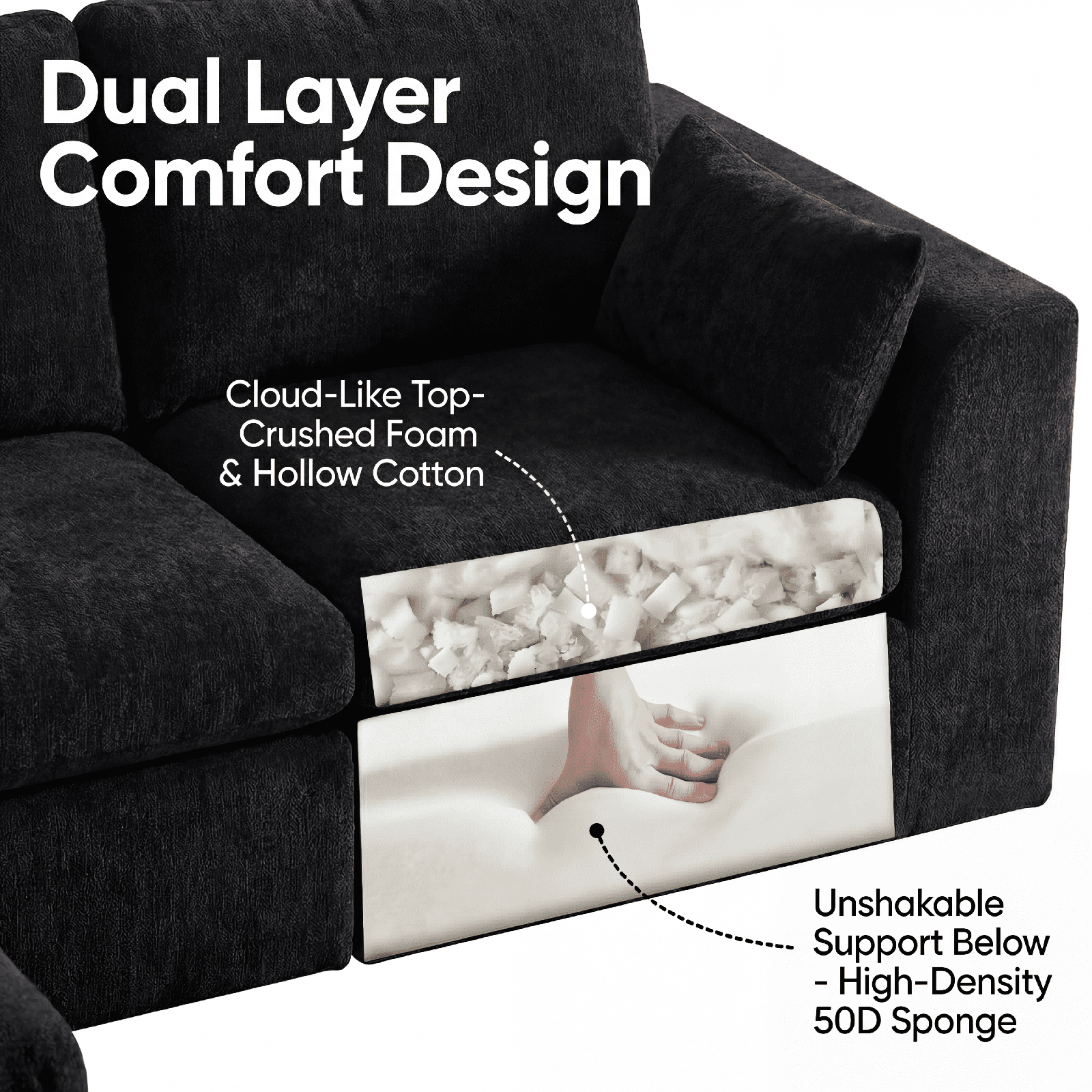 Cubente 108" Cloud Sectional Couch, Boneless Couch, L Shaped Couch with Ottoman, Chenille Modular Sofa for Living Room