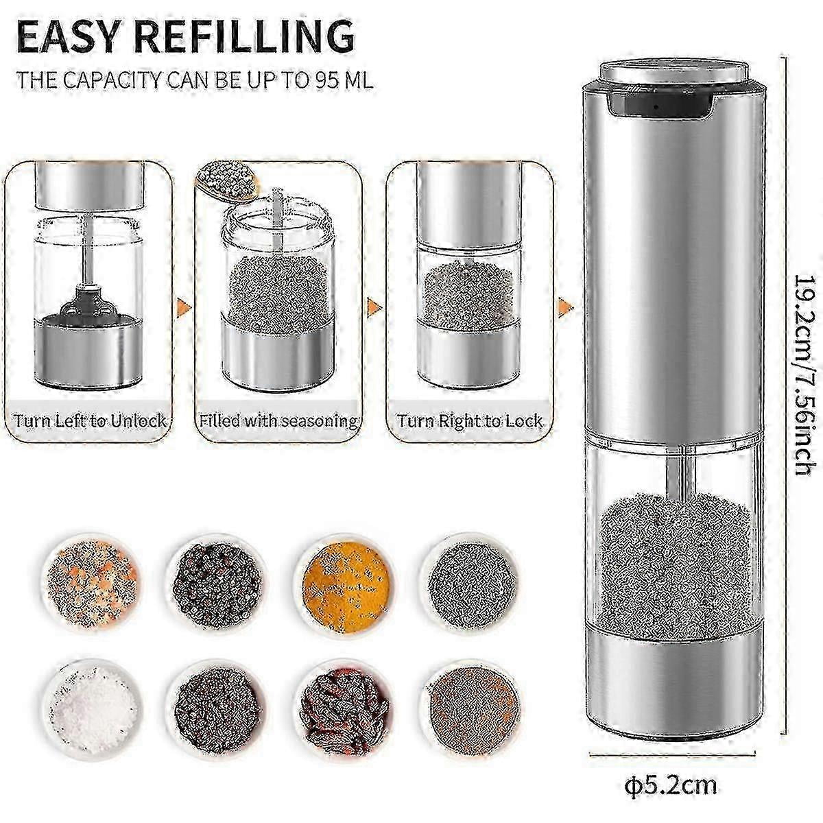 Rechargeable Electric Pepper Grinder, Stainless Steel Pepper Mill With Led Light And Adjustable Coarseness