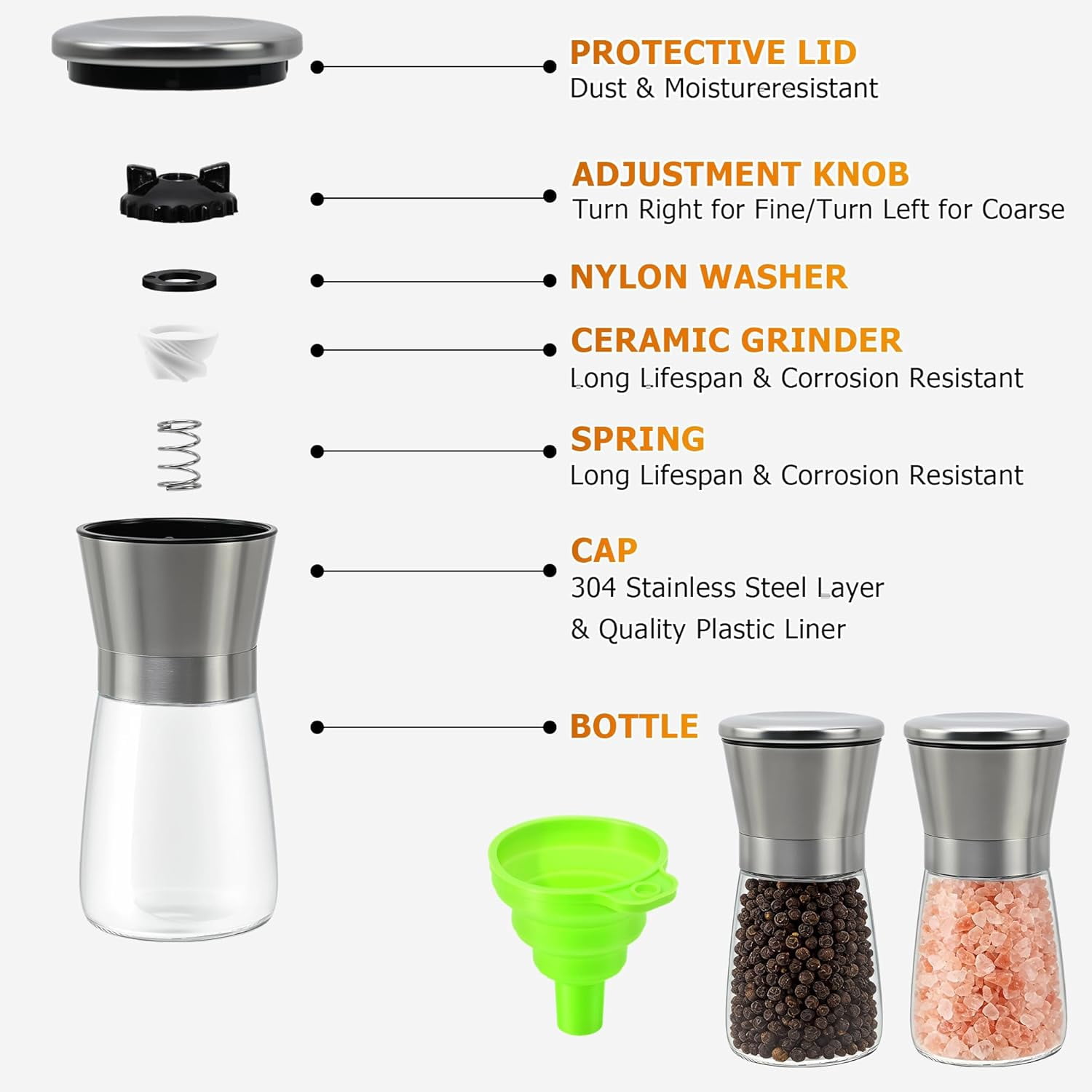 Short Silver Premium Stainless Steel Salt and Pepper Grinder Set of 2，Adjustable Ceramic Mill - Manual Grinder for Salt, Pepper [No Spices Included]