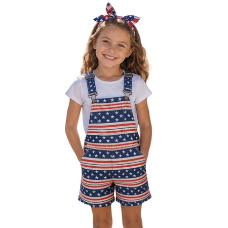 Rhuody Girl S Pants Empire Waist Kids Independence Day Suspenders Shorts Patriotic Denim Pants Summer Holiday Outfits Classic Wear 6-7 Years Blue