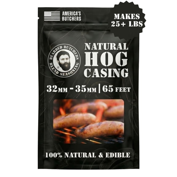 The Bearded Butchers Natural Hog Casings 32-35mm, Edible Sausage Casing for 25-30 lb Meat, Pre-Flushed, Resealable Bag