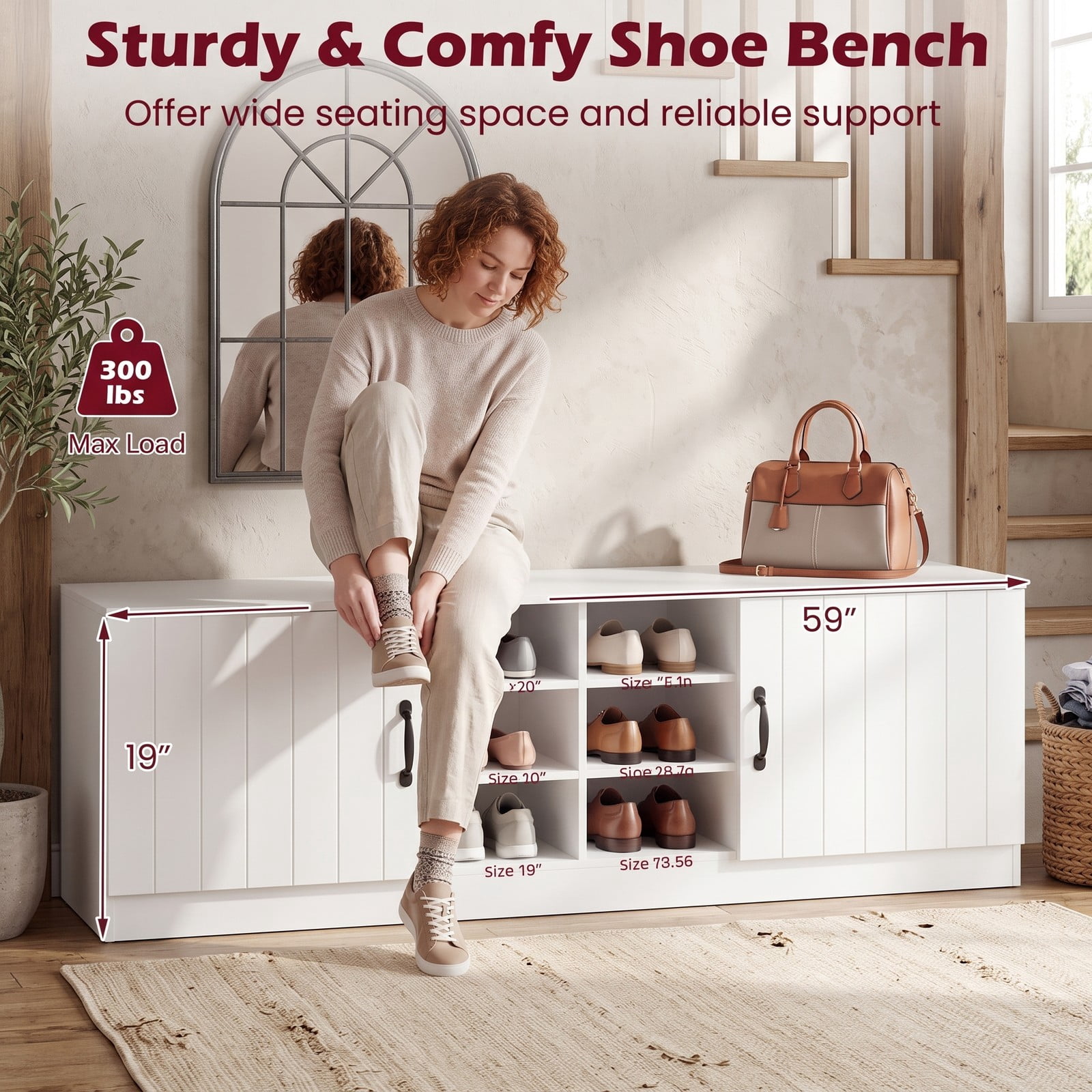 Furnibear 59 Inch 2-Door Shoe Bench Storage Cabinet with 6 Compartments and Adjustable Shelves for Entryway and Hallway, White
