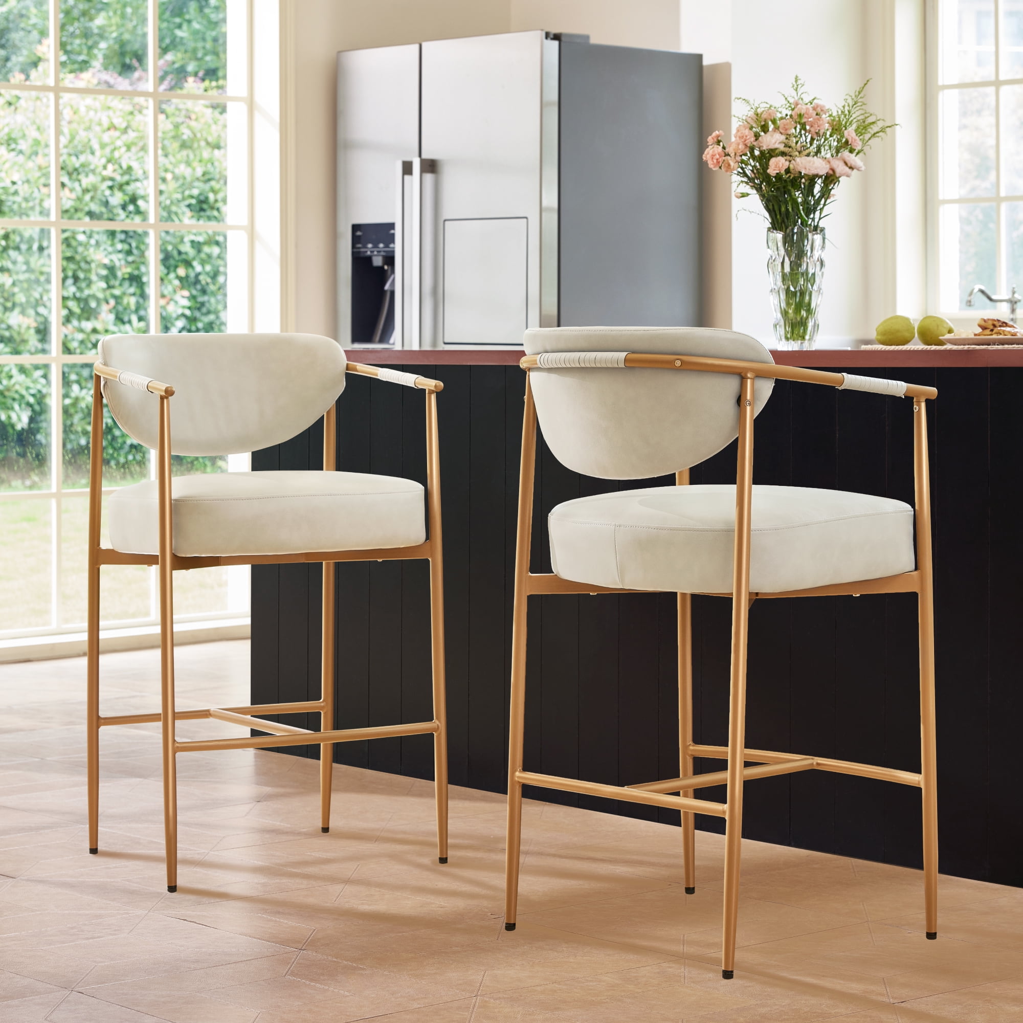 Spruce & Spring Modern Counter Bar Stool with Woven Strap Arms & Gold Metal Frame Set of 2, Beige with Gold Frame
