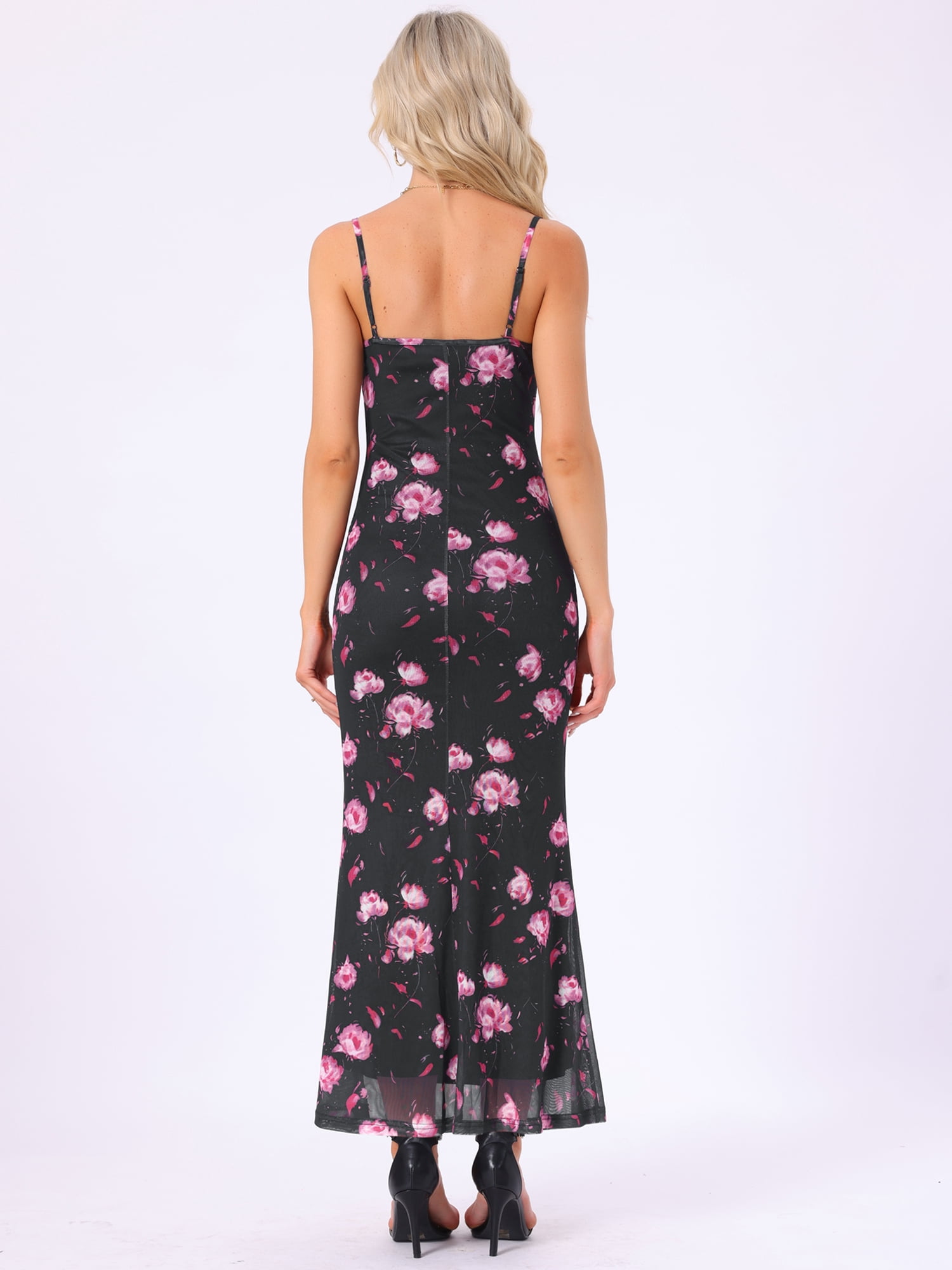 DARING DIVA Floral Maxi Spaghetti Strap Bodycon Dress XL Black