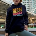 thumbnail image 2 of Merry, Merry, Merry Christmas, Winter Season Greetings, Groovy Retro Wavy Text Merch Gift, Navy Blue Hooded Sweatshirt or Hoodie, Medium, 2 of 5