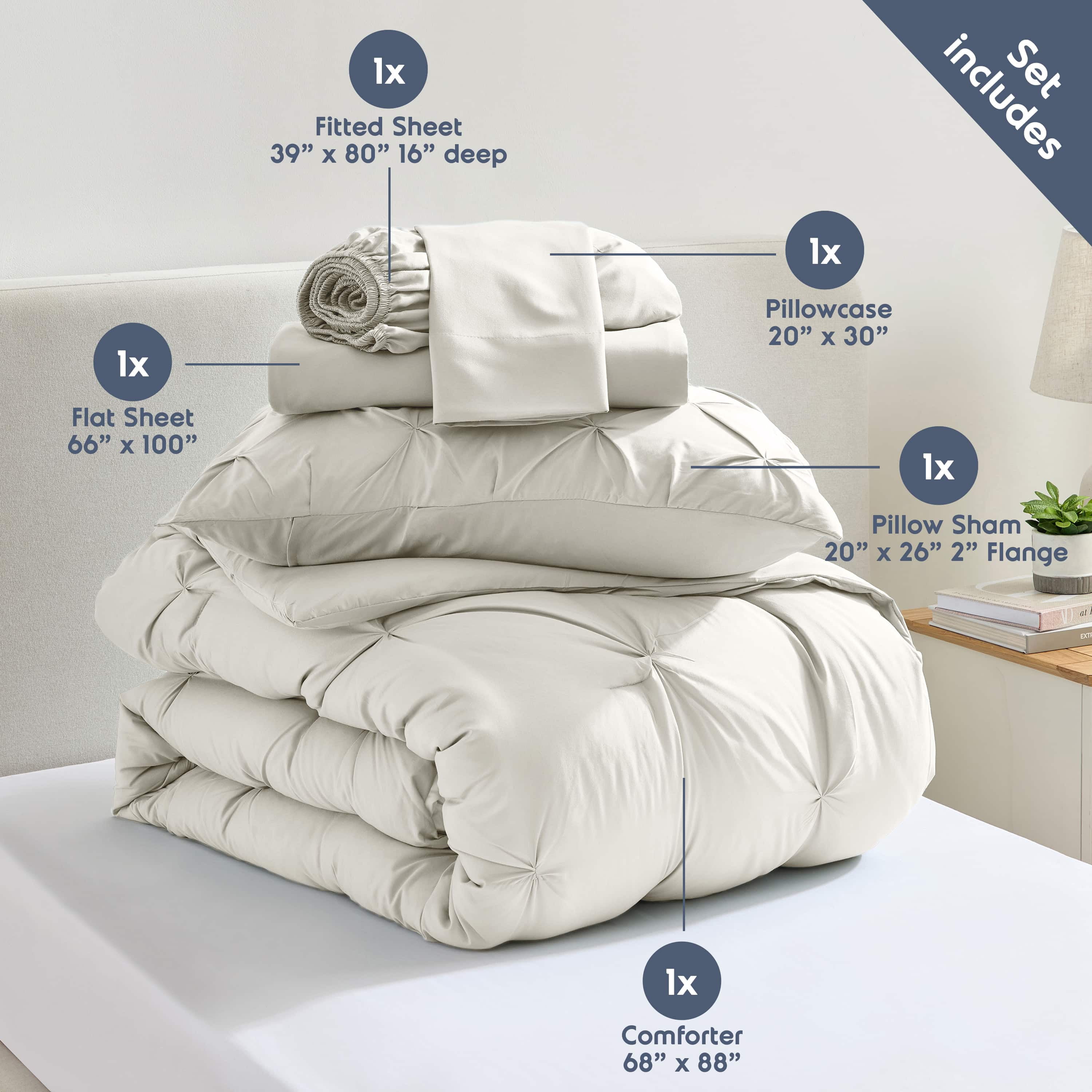 LammaLoe Twin XL Comforter Sets, 5 Piece Bed In A Bag Pintuck Bedding Sets,Off White