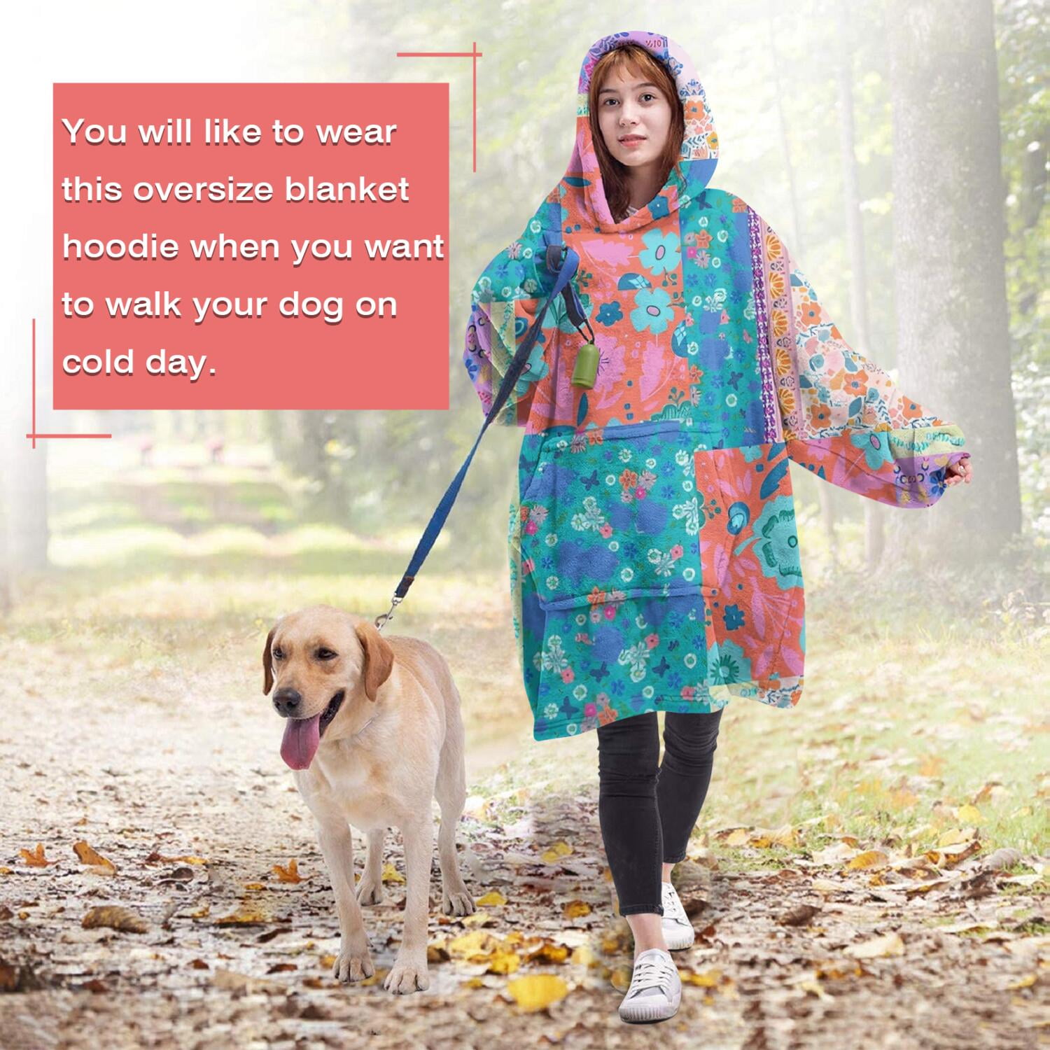 Wearable Oversized Blanket,Bohemian Pioneer Flower Patchwork Wearable Blanket Hoodie for Adults,Cozy Hooded Blankets with Super Pockets,Super Warm Fuzzy Pullover for Women & Men