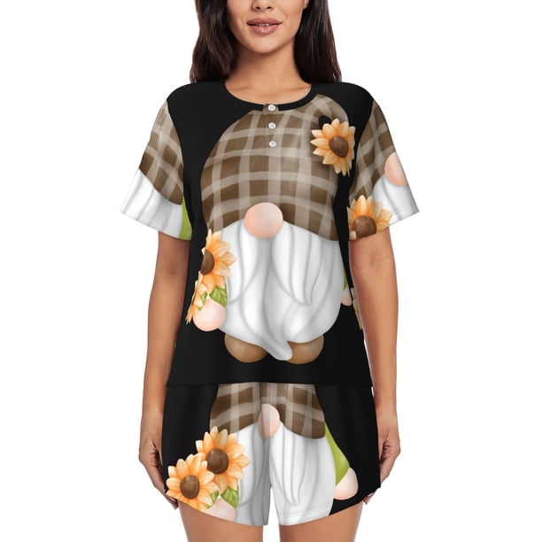 Balery Sunflower Gnomes 4 Conjunto de Pijama para Mujer con Estampado, Dos Piezas de Manga Corta y Shorts, Ropa de Dormir Suave con Cuello Redondo y Bolsillos-Small