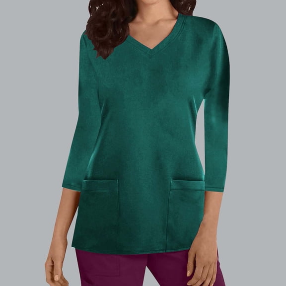 Fznquz Dressy Casual 3/4 Sleeve T Shirts for Women Work Green Tees Nursing V Neck Plain Clothes for Women,L