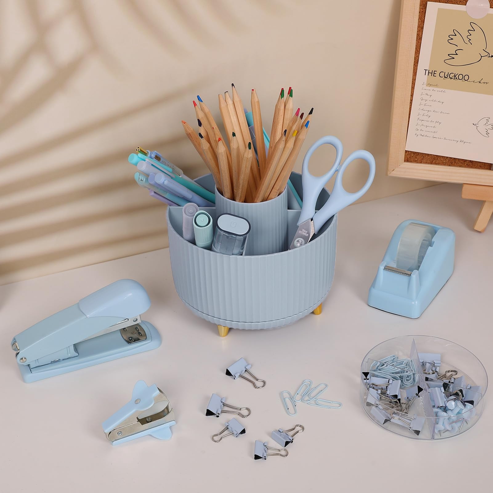 Desk Organizers And Accessories 10pcs  360-degree Rotating Pen Holder Stapler Staple Remover Tape Dispenser 2pcs Refills Binder Paper Clips Kit Scissor (blue)