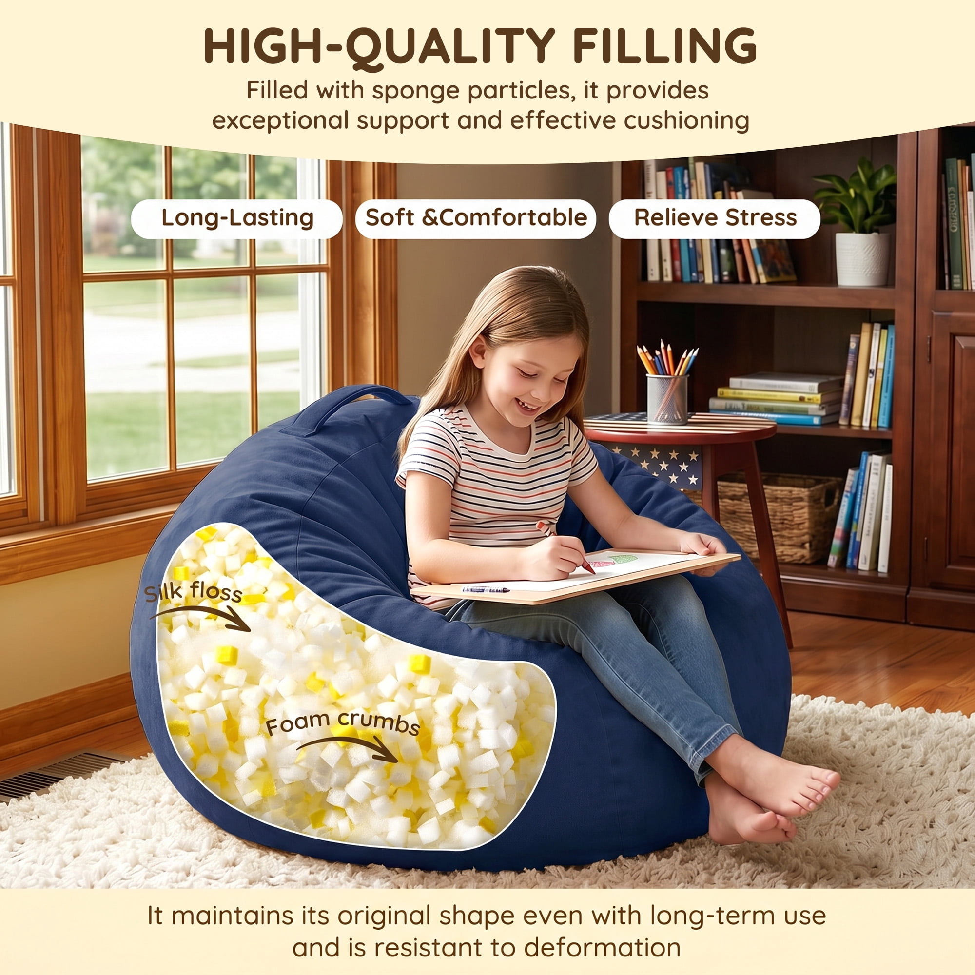 2.5FT Velvet & Chenille Bean Bag Chair for Teens, High-Density Foam Filled Soft Bean Bag Sofa with Carry Handle, Non-Slip Bottom for Bedroom Playroom Living Room