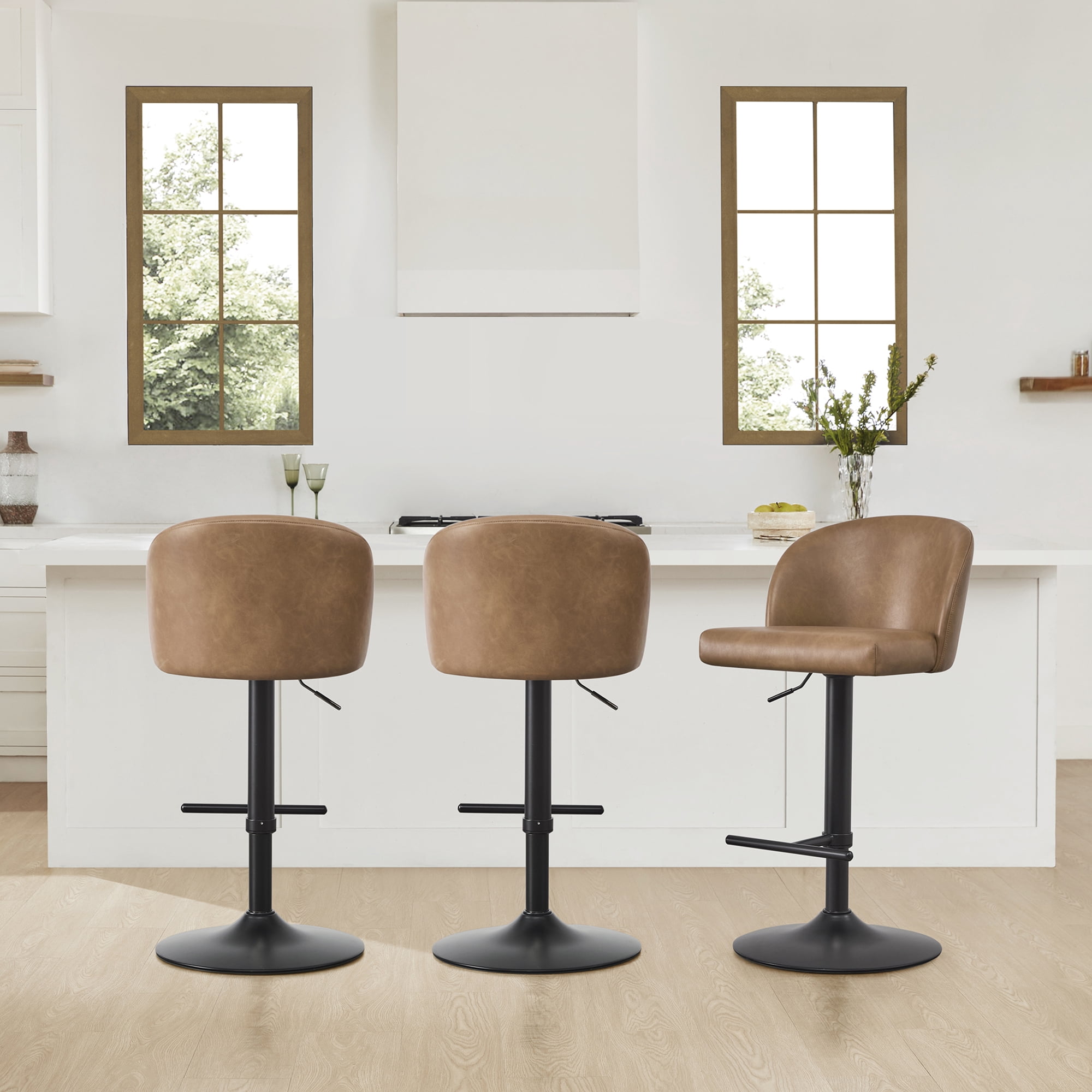 Spruce & Spring Modern Adjustable Swivel Bar Stool with Air-Lift Set of 3, Cognac with Black Frame