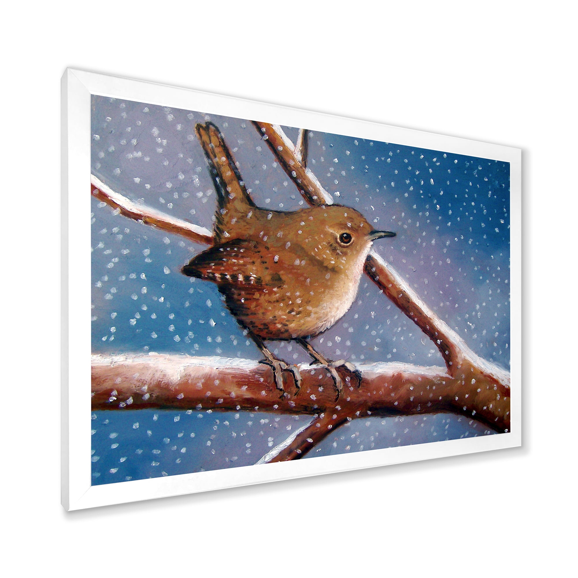 Designart 'Wren Bird On Branch In Winter' Farmhouse Framed Art Print