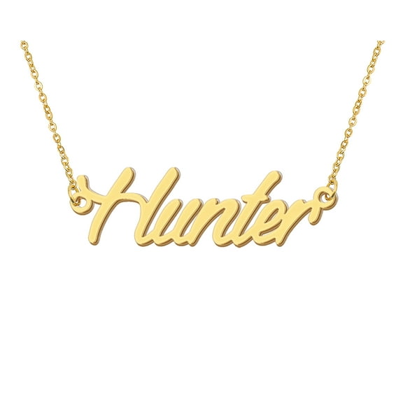 HUAN XUN 18k Gold Plated Hunter Name Necklace Stainless Steel Nameplate Necklaces for Womens Mens Mother Day Christmas Jewelry Gift