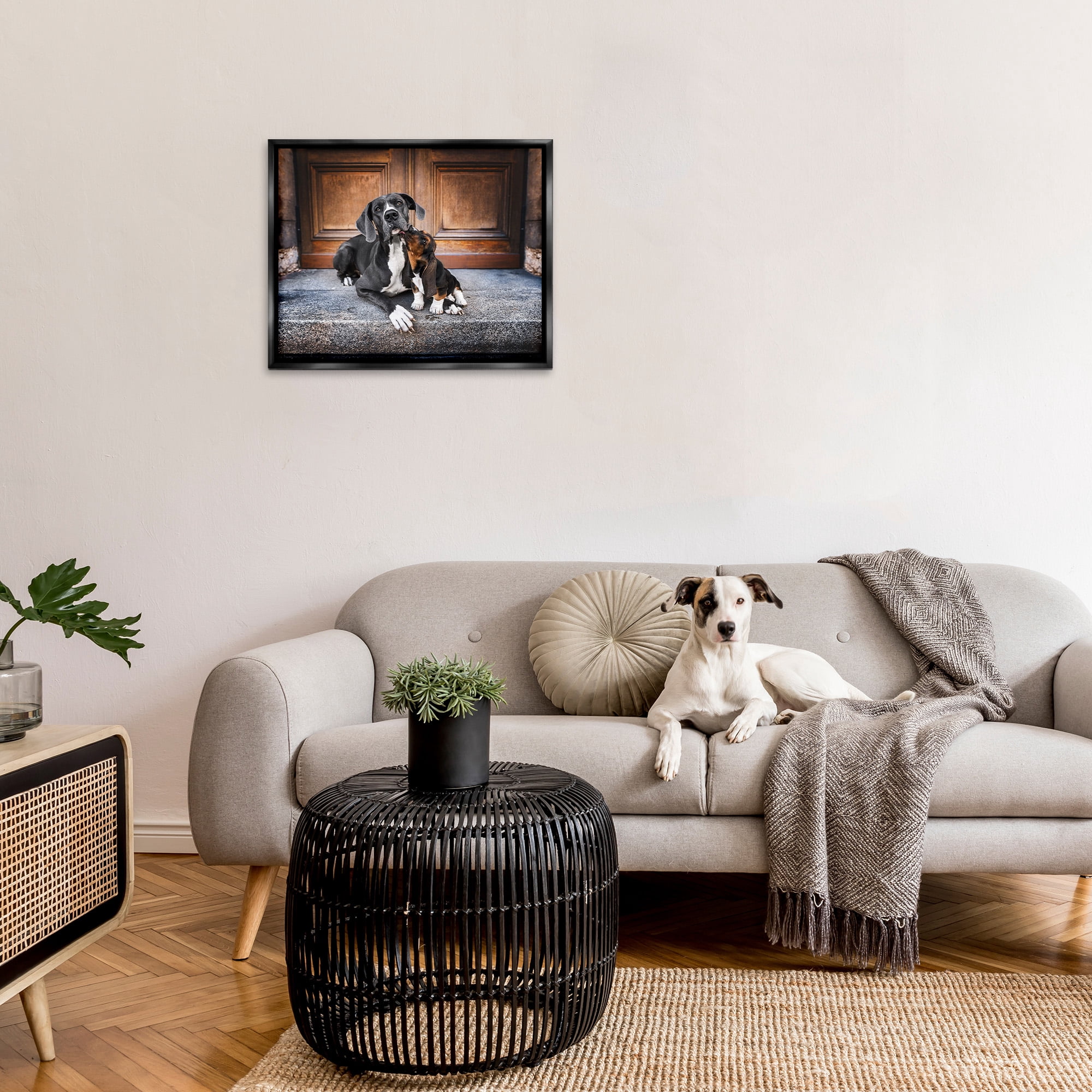Stupell Industries Dogs on Doorstep Animals & Insects Painting Black Floater Framed Canvas Art Print Wall Art, 31 x 25