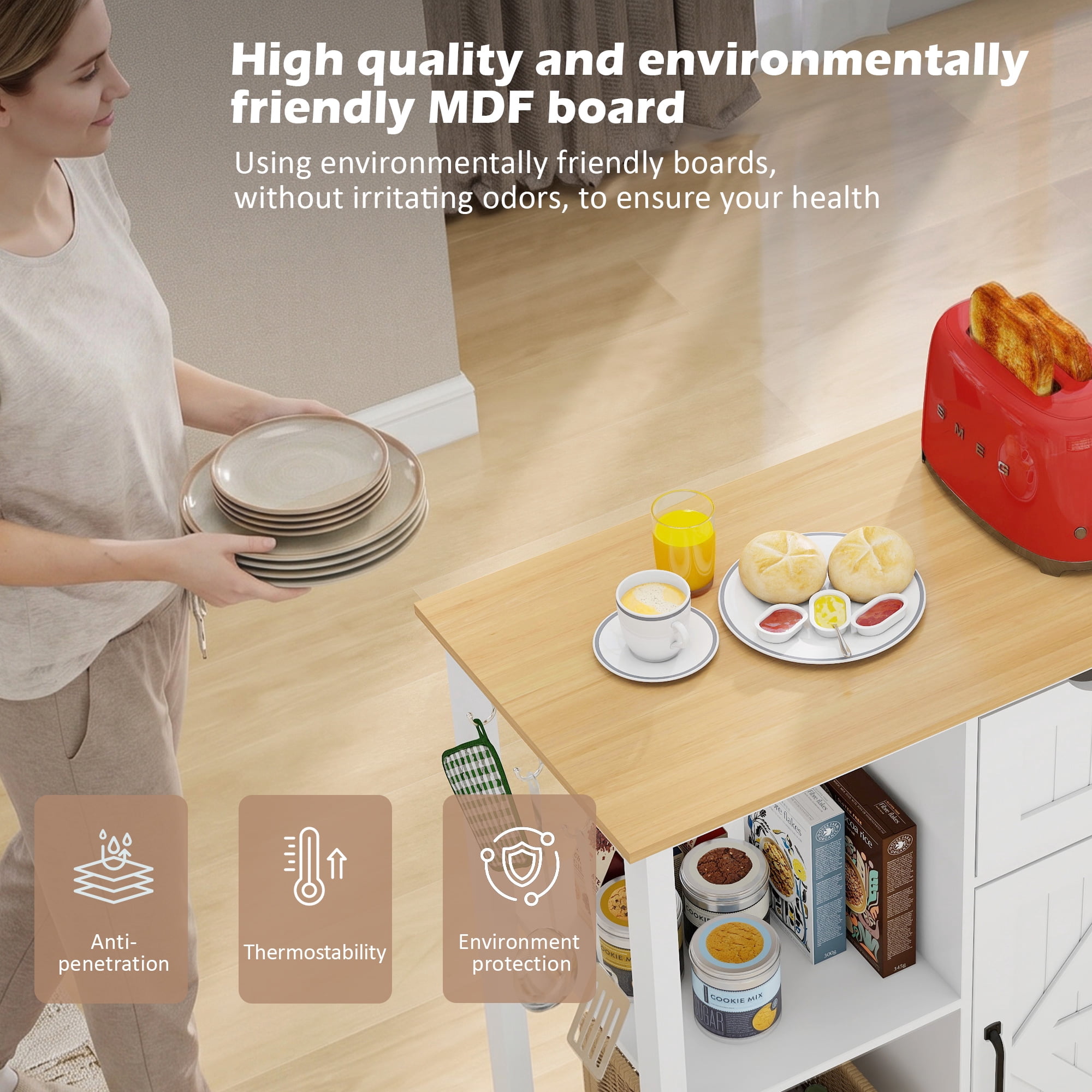 Kitchen Island Cart 33.86 Inch, Rolling Utility Table with Storage Cabinet and Spice Rack, Mobile Kitchen Organizer for Dining Room and Small Spaces, White