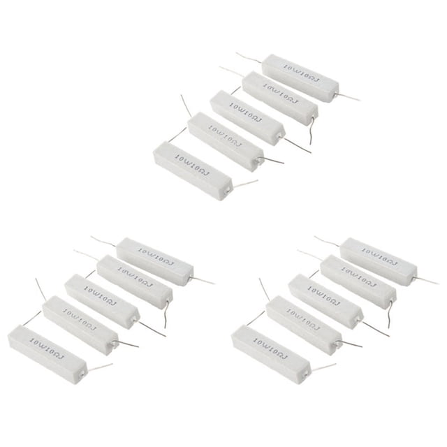 10w 10 ohm 5% resistor de potencia de cemento ceramico de enrollamiento x 15 pack de 15 resistencias de potencia blancas, vista en 3/4 con cuerpo rectangular cerámico y marcado '10W 10Ω J', terminales de alambre plateado en los extremos; dimensiones aprox. 48 x 10 x 10 mm, adecuado para equipos eléctricos y electrónicos domésticos.