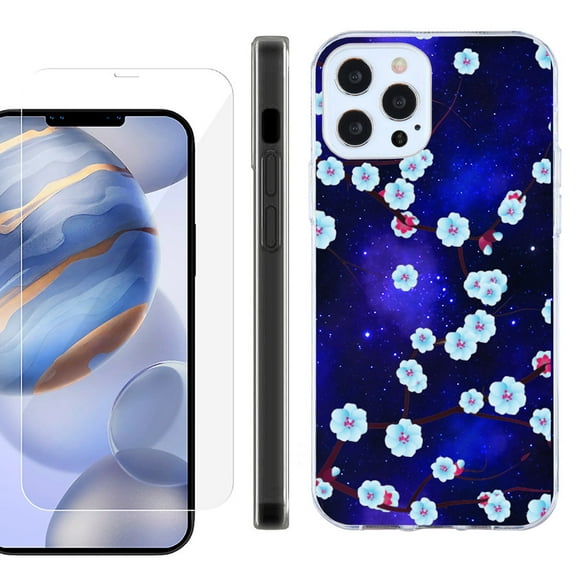 Slim Fit Protective Phone Case for Apple iPhone 12 / iPhone 12 Pro, with Tempered Glass Screen Protector, by OneToughShield ® - Blossom Stars