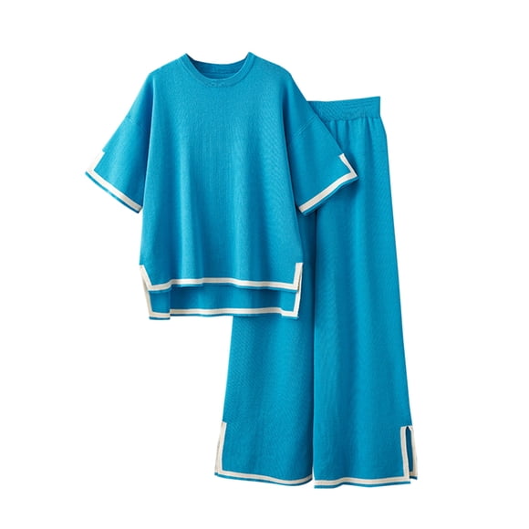 QUYUON Wide Leg Pants Sets Women 2 Piece Summer Outfits Crew Neck Short Sleeve Pullover Tops Elastic Waist Pants Side Split Sweater Sets Color Block Matching Sets Loungewear Blue One Size
