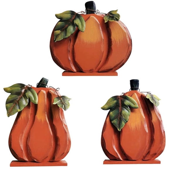 Rustic Wood Fall Pumpkin Decor, Indoor Standing Flat Pumpkin Decoration for Autumn Harvest Thanksgiving Halloween Décor Set of 3