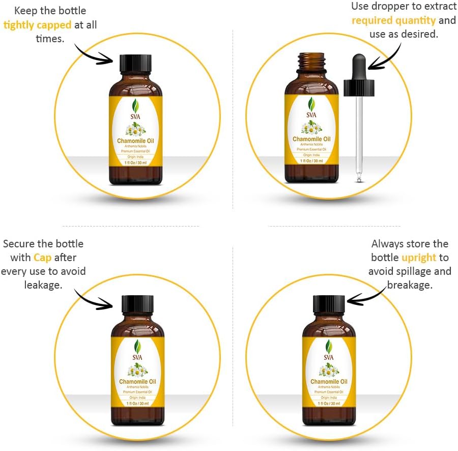 SVA Chamomile Essential Oil – 1 Fl Oz – 100% Natural Chamomile Oil - for Diffuser, Hair Care, Face, Skin Care, Aromatherapy, Scalp and Body Massage, Soap and Candle Making – with Dropper