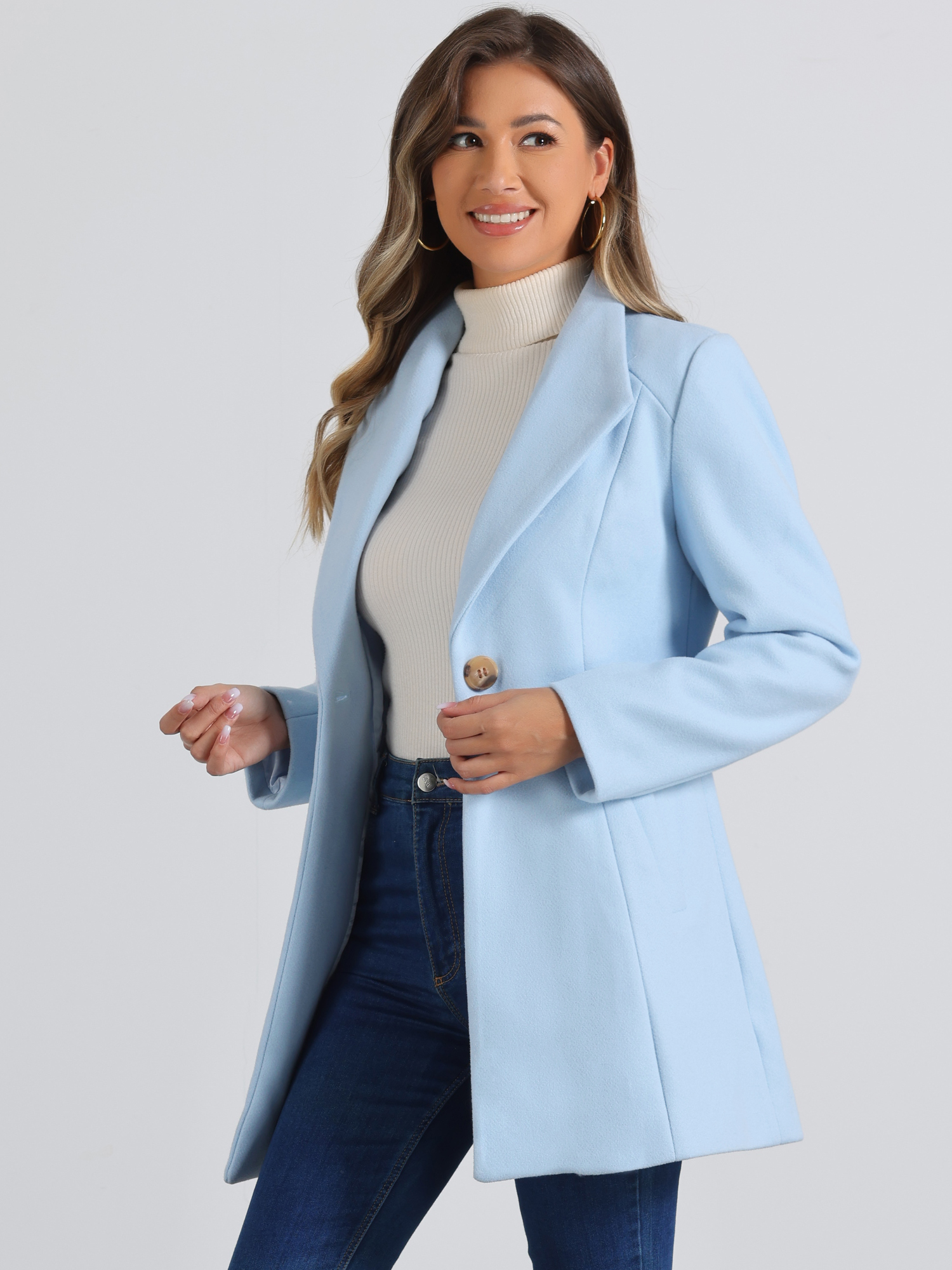 DARING DIVA Women's Turn Down Collar Buttoned Casual Mid-Long Winter Coat Light Blue L