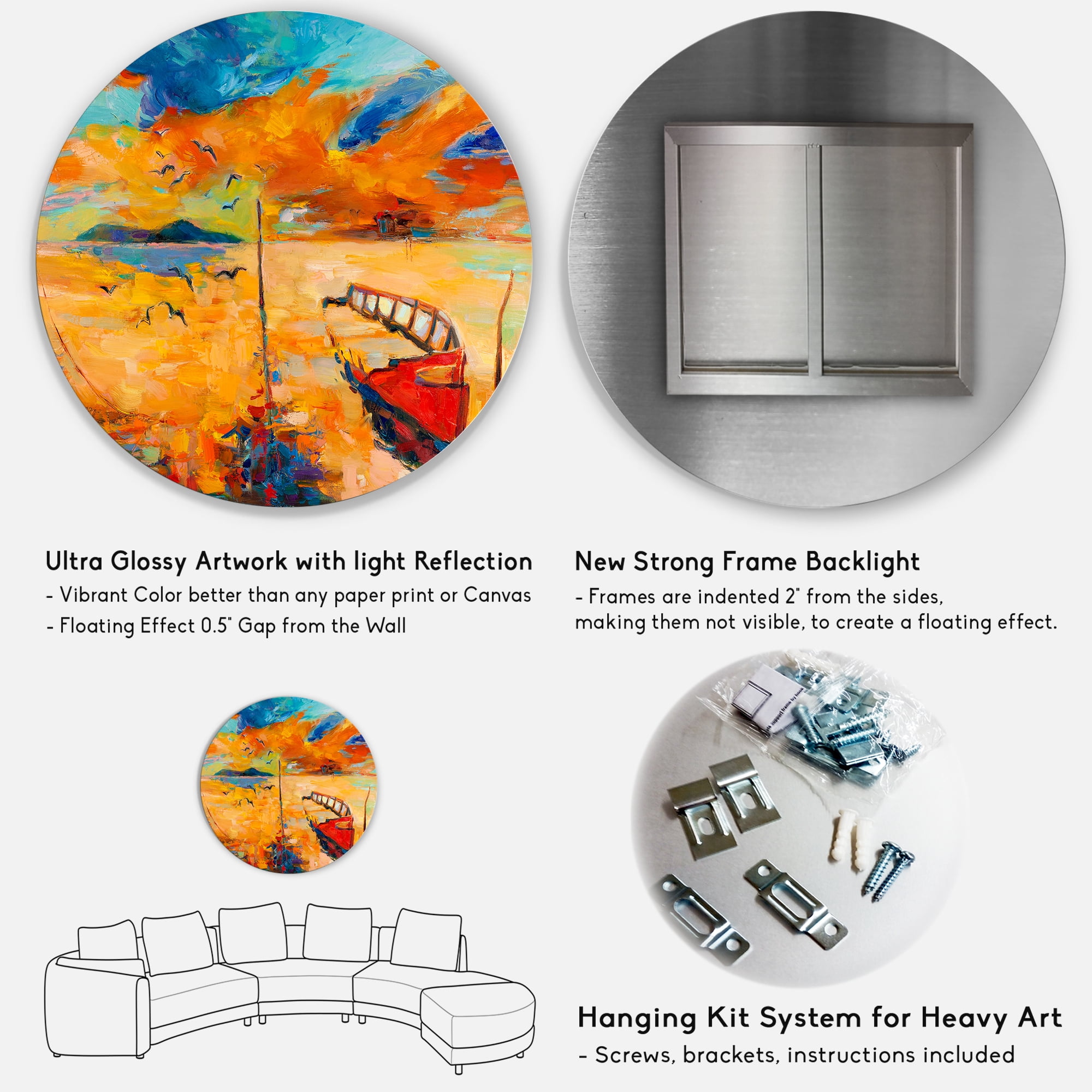 Designart 'Boat At The Lake During Evening Glow VIII' Nautical & Coastal Circle Metal Wall Art 29x29 - Disc of 29