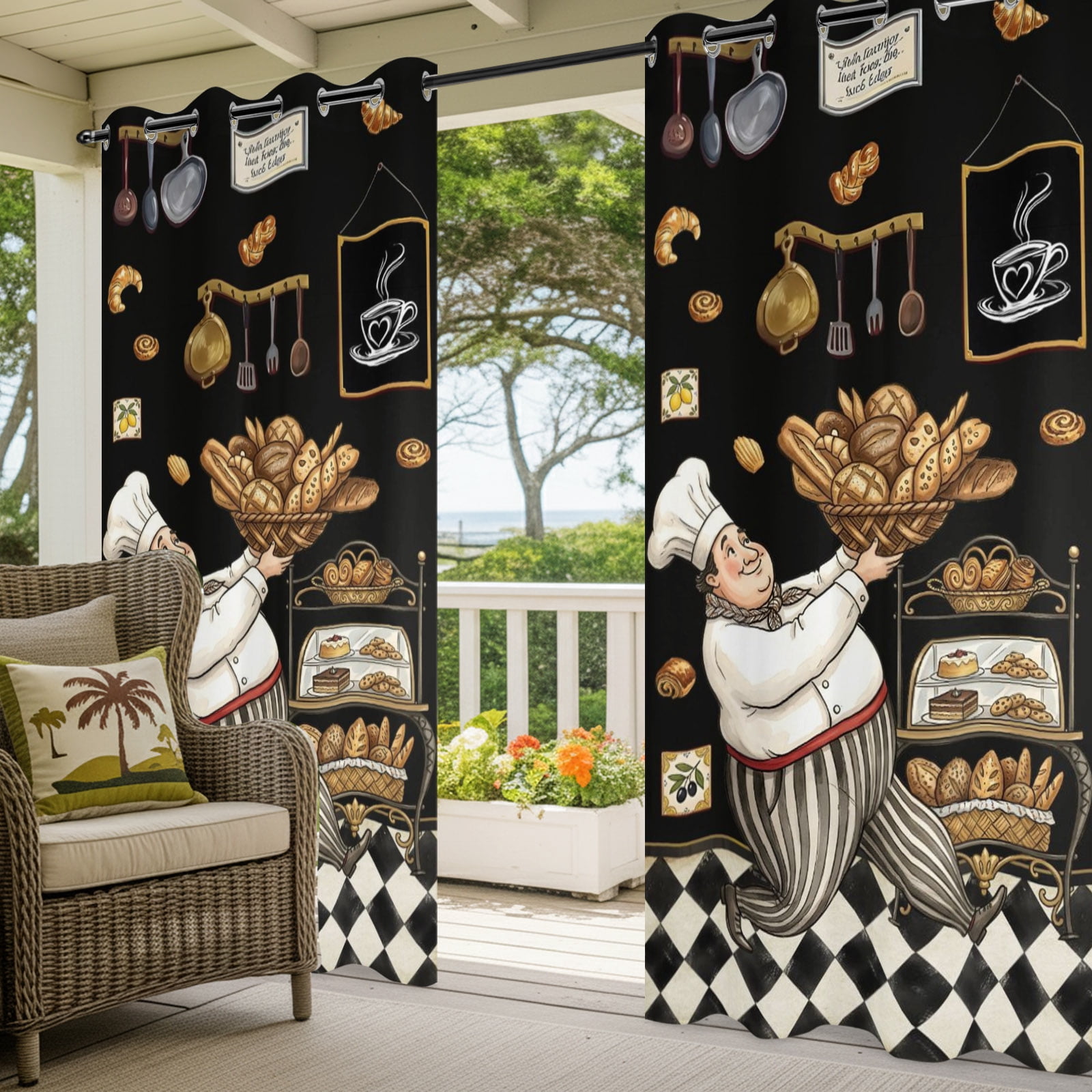 Retro Cartoon Chef Outdoor Curtains for Patio, Vintage Break Farmhouse Traditional Food Black Sunshade Privacy Drapes Grommet Waterproof Outside Curtains for Porch/Cabana/Balcony 54"x 108", 1 Panel