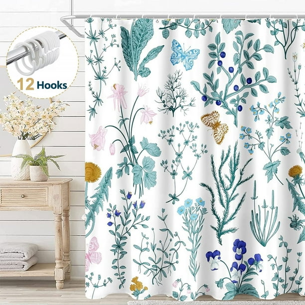 Cortina de Baño Dznils de Tela Floral Azul Impermeable 72 x 72 con 12 Ganchos