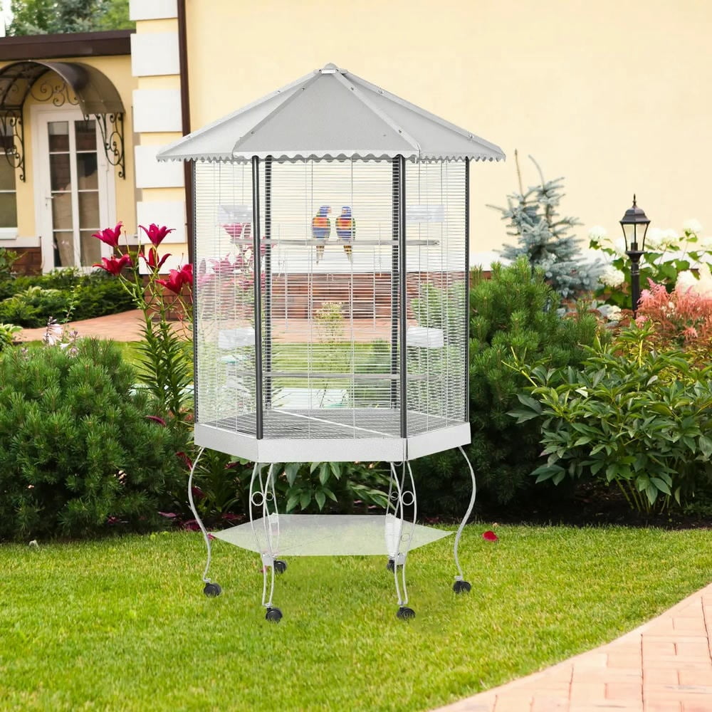 Spaco 77inch Flight Bird Cage, Hexagon Covered Canopy Portable Aviary with Storage, White