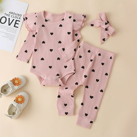 

Baozhu Baby Girls Floral Love Rib Knit Romper Tops Leggings Headband Outfits