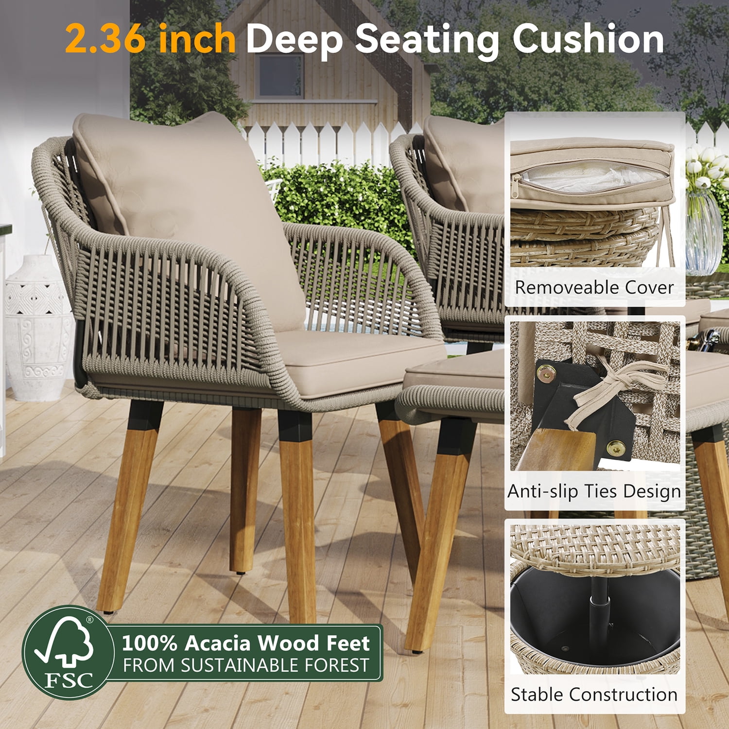 Aimee Lii All Weathe Brown 5 Piece Outdoor Patio Wicker Furniture Set, Rattan Chair and Footstool Conversation Set with Coffee Table, Brown Aimee Lii All Weathe Brown 5 Piece Outdoor Patio Wicker Furniture Set, Rattan Chair and Footstool Conversation Set with Coffee Table, Brown