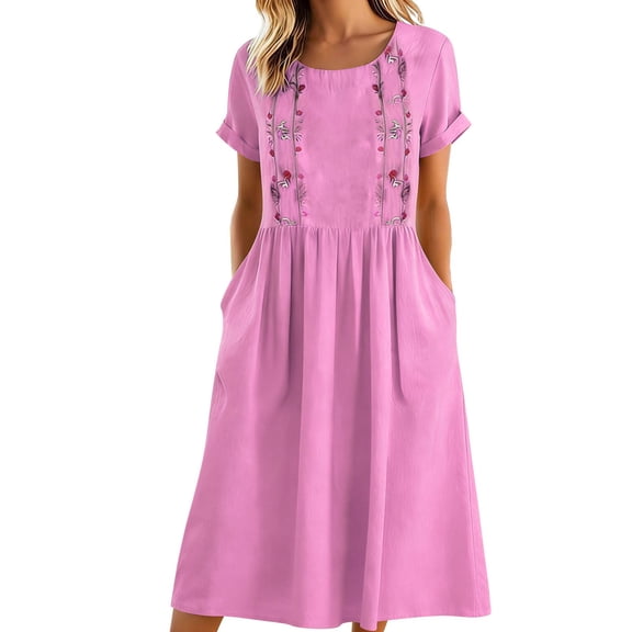 Atogsazn Women's Summer Floral Linen Dress Casual Ruffle Short Sleeve Embroidered Loose Fit Dresses Trendy Pink L Fashion