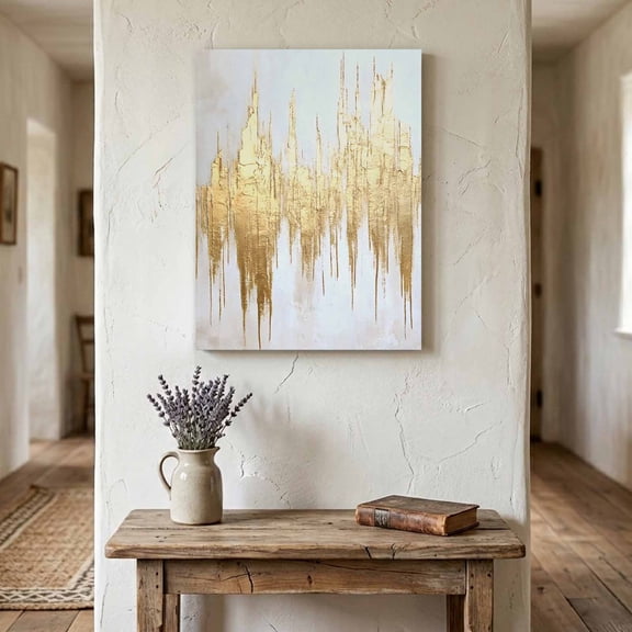 Ships Next Day Canvas Wall Art 8"x10", Abstract Gold Wood Framed Canvas Print Painting, Modern Minimalist Art White Gray Ripple Ready to Hang Small Picture Wall Decor for Home Bathroom Nursery Office