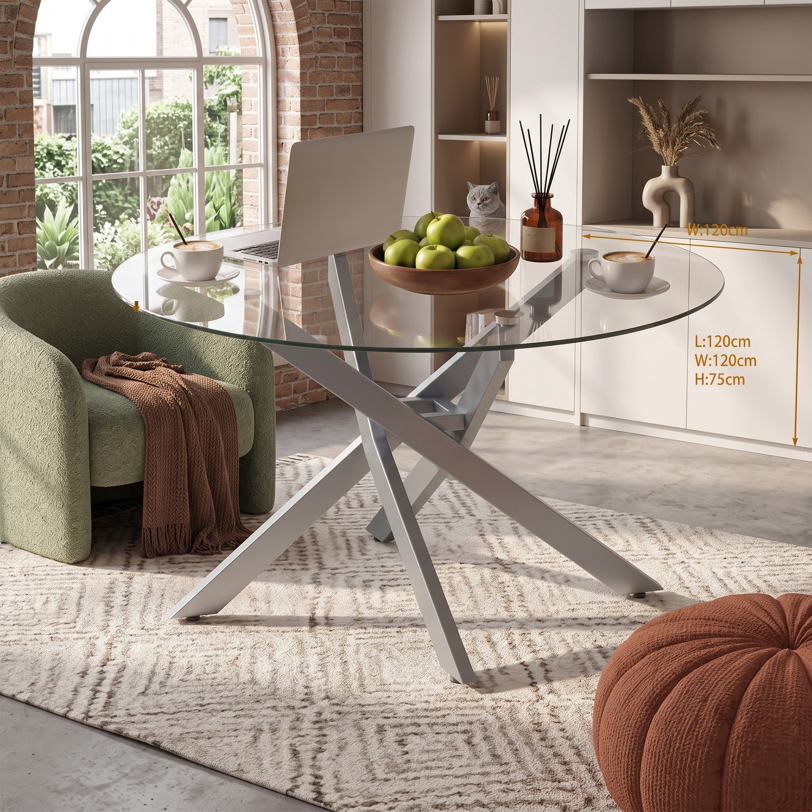 Furnibear Round Glass Coffee Table, Modern Tempered Glass Top Center Table with Geometric Metal Frame for Living Room, Adjustable Foot Pads, Clear & Silver