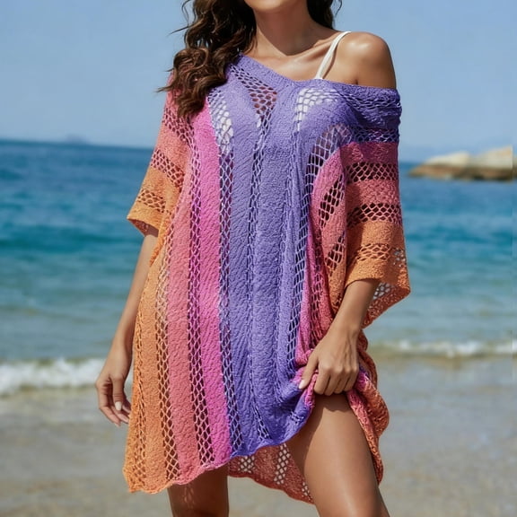 Maqroz Color Block Crochet Cover Up Women Off Shoulder Beach Tunic Short Sleeve Hollow Out Knit Swimsuit Coverup Summer Vacation Top