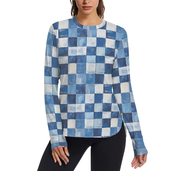 FORMRS Womens Long Sleeve Shirts UPF 50 Sun Protection Quick Dry Fishing Hiking Tops, Size S-2XL, Blue and Gray Plaid Pattern