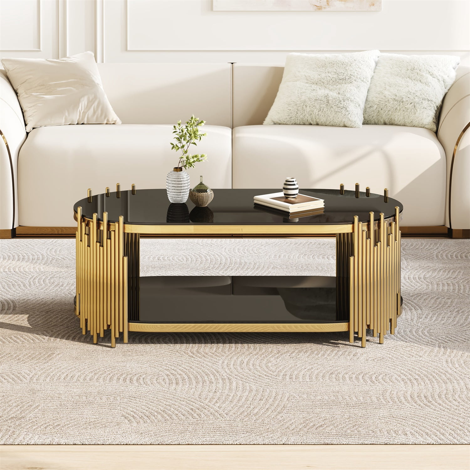 Hommoo Modern Oval Coffee Table with 2-Tier Tempered Glass Shelves, Stainless Steel Organ Pipe Base, Living Room Center Table, Black & Gold