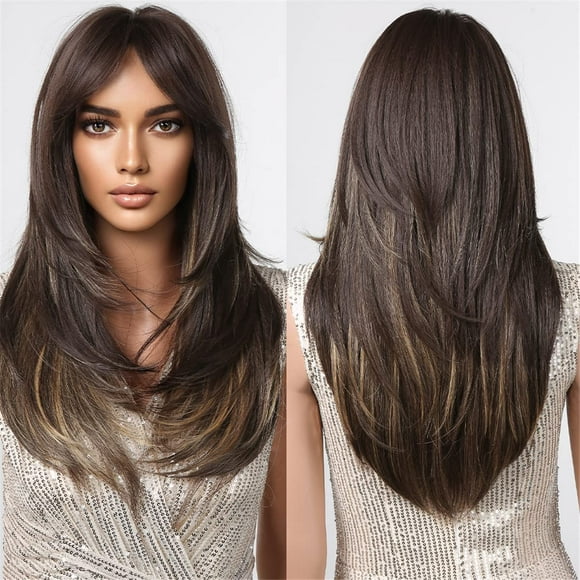Long Straight Wigs for Women Long Layered Straight Wigs With Air Bangs Synthetic Wigs Natural Looking Hair Replacement Cosplay Wigs for Girls Perruques A8