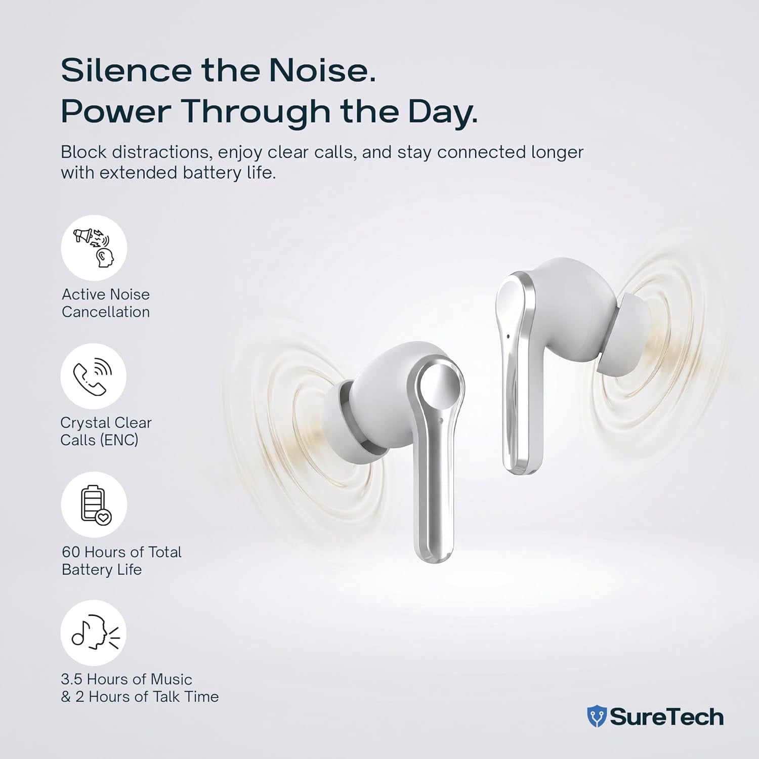 SureTech ANC/ENC Wireless Earbuds - 60 Hours Battery Life, AI Translation, Bluetooth 6.0, Touch Control, Waterproof, Charging Case with Silicone Tips