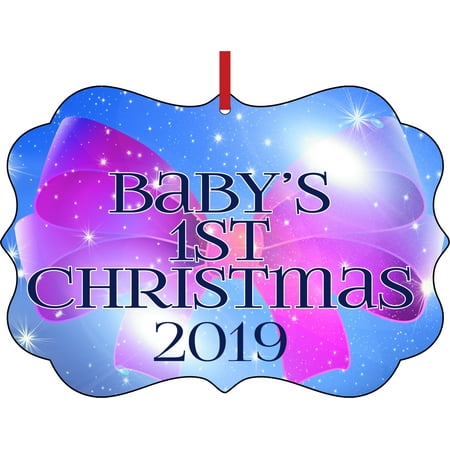 New Baby - Baby's First Christmas 2019 Ornament - Baby Girl Bow Elegant Semigloss Aluminum Christmas Ornament Tree Decoration - Unique Modern Novelty Tree Décor