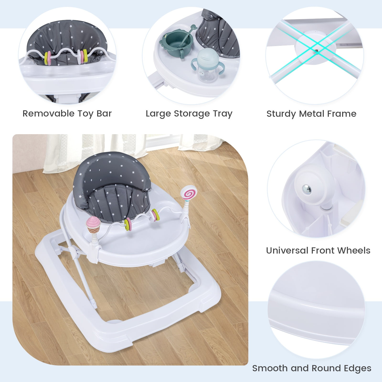 Infans Foldable Baby Activity Walker w/ Adjustable Height & Detachable Seat Cushion
