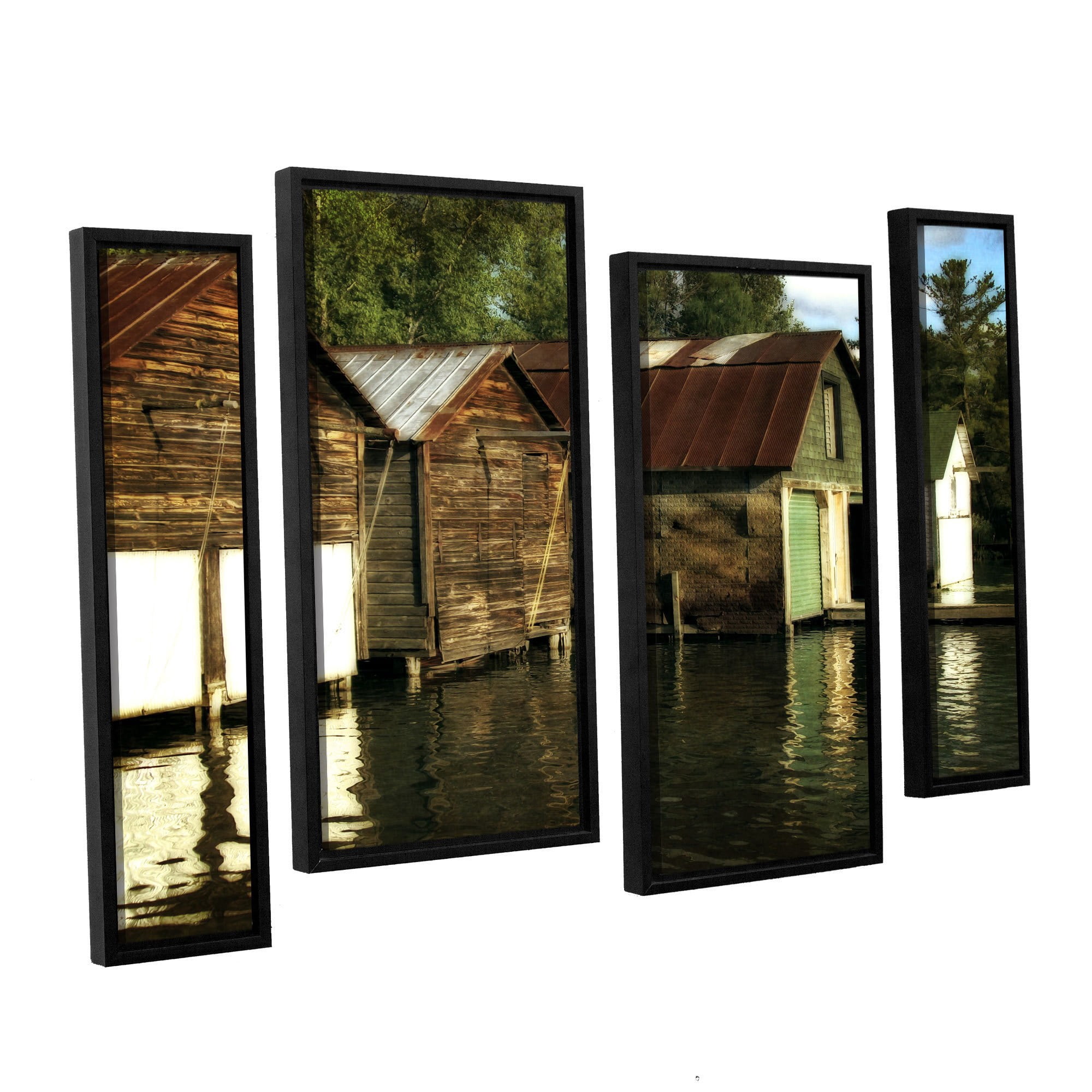 ArtWall Kevin Calkins "Boathouses on the River" 4-Piece Floater Framed Canvas Staggered Set